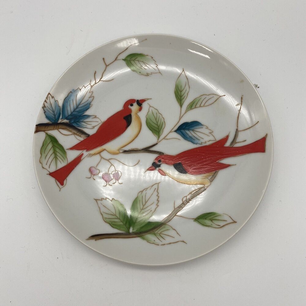 Red Birds On Branch Bread Plate Hand Painted Mid Century Vintage Japan Kitsch